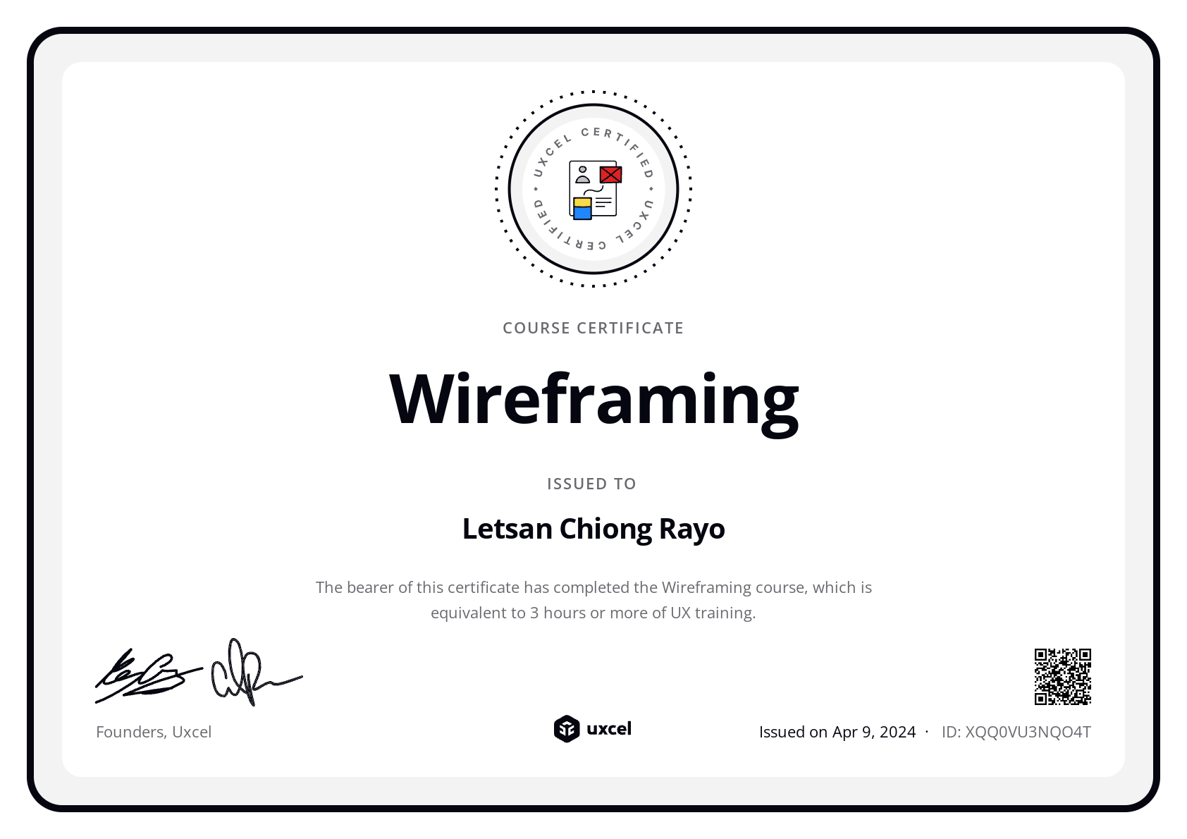 Letsan Chiong Rayo's certificate